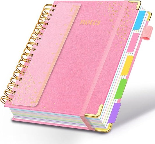 Hardcover Spiral Notebook with Removable Dividers & Tabs, 8.5"x11" 5 Subject Notebooks for Work, 300 Pages College Ruled Notebook, A4 Sparkle Lined Journal for Women Girls Note-Taking (Pink)