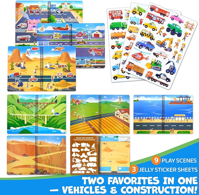 Reusable Sticker Book for Toddlers – Vehicles & Construction, 3 Sheets Washable Car Truck Jelly Stickers, 9 Play Scenes Sticker Activity Book for Kids, Road Trip Travel Toys