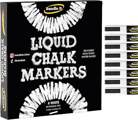 Bandle B. Chalk Markers - 8 White, Erasable, Non-Toxic, Water-Based, Reversible Tips, Crisp White For Kids and Grown-Ups for Glass and Chalkboard Markers for Businesses, Restaurants (6mm)