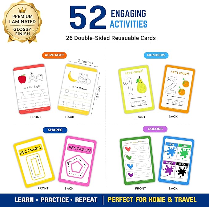 Alphabet & Number Handwriting Tracing Cards – Reusable Large Dry Erase ABC, Numbers. Shapes & Colors | Upper & Lowercase Writing Practice | Montessori Learning for Toddlers, Preschool & Kindergarten
