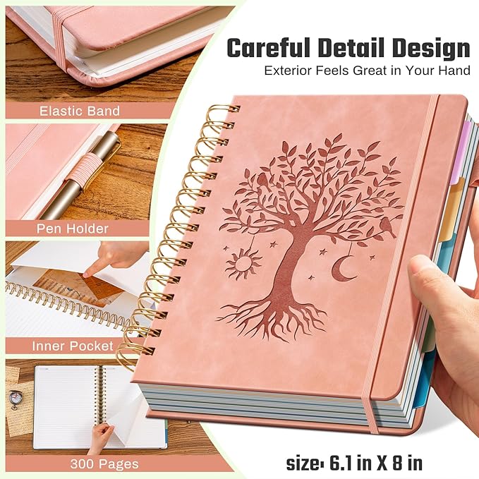 Ovesmusl Hardcover Spiral Notebook 6.1" x 8.4" with 5 Removable Dividers 300 Pages Leather 5 Subject Notebook College Ruled 100GSM Large Spiral Notebooks for Work Thick Lined Journal for Women, Pink