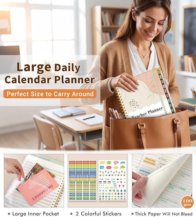 Teacher Planner 2026-2027, July 2026 - June 2027, Academic Weekly & Monthly Calendar Planner with Tabs, 8.5" x 11" A4 Teacher Lesson Plan Book with 7 Periods, Daily Agenda School Organizer for Teacher Student Homeschool, Bohemia