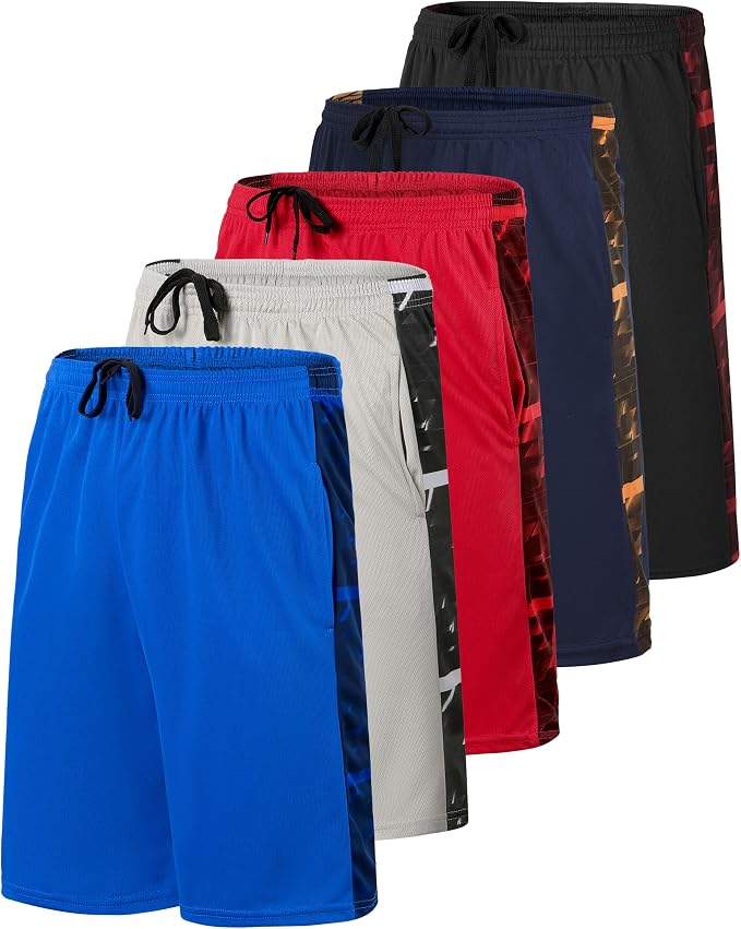 Real Essentials 5 Pack: Boys' Mesh Basketball Athletic Shorts with Pockets – Teen Kids Youth Quick Dry Soccer Running Gym