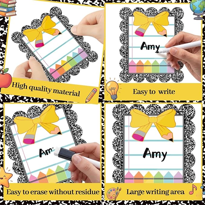 Crtiin 42 Pcs Magnetic Name Tags for Lockers Composition Notebook Bow Dry Erase Labels Magnetic Reusable Name Tags for Back to School Whiteboard Classroom School Bus Locker Fridge