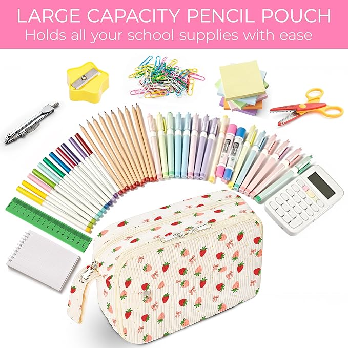 WOBAGMEN Cute Pencil Case,Large Corduroy Zippered Pencil Case Pouch, aesthetic Pencil Bag with Compartments, Pencil Pouch School Supplies (HY-corduroy pc-strawberry)