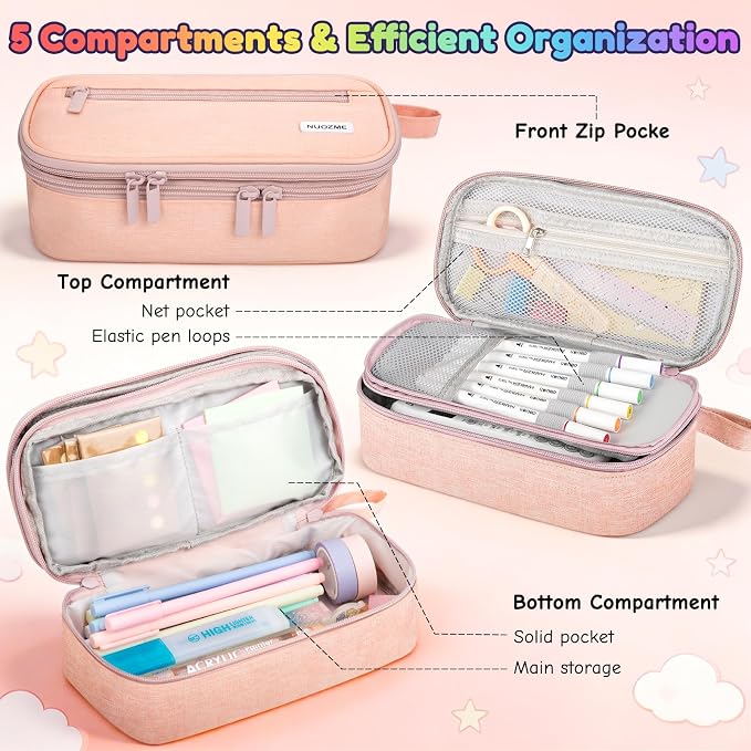 Double Layer Large Big Capacity Pencil Case Pouch Bag with Double Zipper | 5 Compartments Multiple Pockets, Aesthetic Canvas Stationery Pen Case Bag for Teens Girls,Boys,Students,College