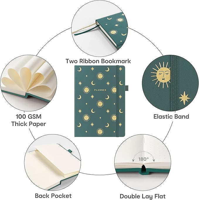 And Per Se Undated Planner, Weekly & Monthly Planner with Goal & Habit Tracker, A5 Leather Hardcover Productivity Journal for Academic Year (Celestial Green)