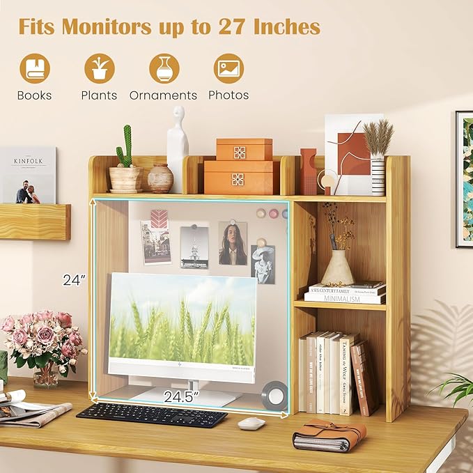Giantex Desktop Bookshelf, Wood Desk Hutch Organizer for 27 Inch Computer Monitor, Countertop Storage Display Rack with 5 Shelves, Multipurpose Desktop Shelf Bookcase for Dorm Office Home (Burlywood)