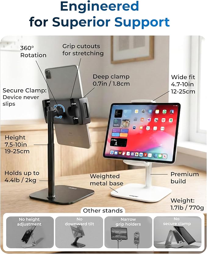 COOPER TabStand Mini, 10" Height Adjustable Tablet Stand, Ipad Stand for Desk, Portable Monitor Holder, Heavy Duty Grip, Tripod iPad Holder, Tablet Mount, for Samsung Tablets, Kindle eReaders (White)
