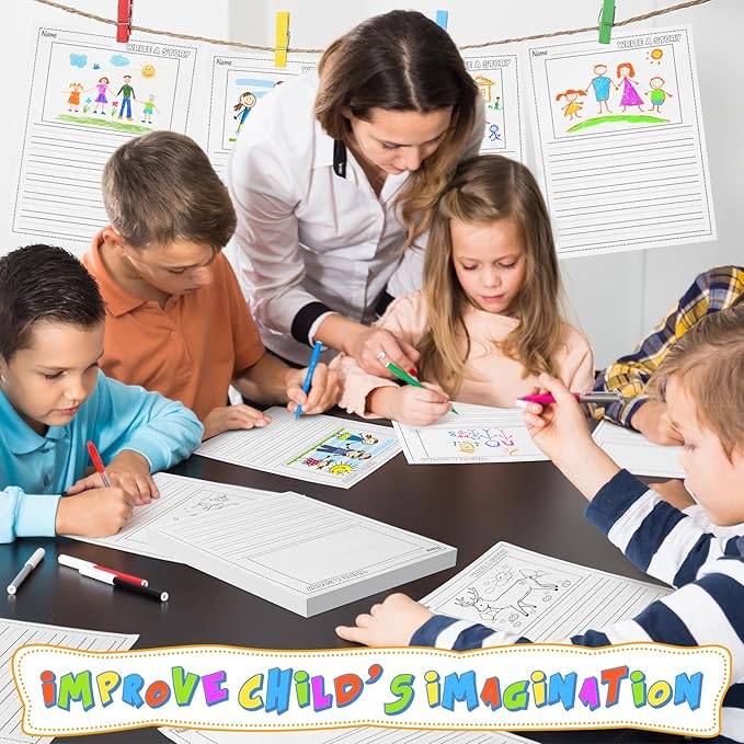 200 Sheets Writing Beginner Paper for Kids Create Story, 8.5"x11" Handwriting Paper Bulk with Picture Space and Lines DIY Craft Writing Kit for Kids Journal Activity, Back to School Gifts