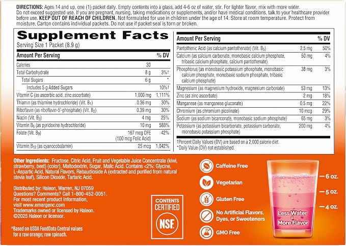 Emergen-C 1000mg Vitamin C Immune Support Powder Strawberry Kiwi 30CT includes Zinc, Manganese, 7 B Vitamins and Electrolytes for Back to School Essentials