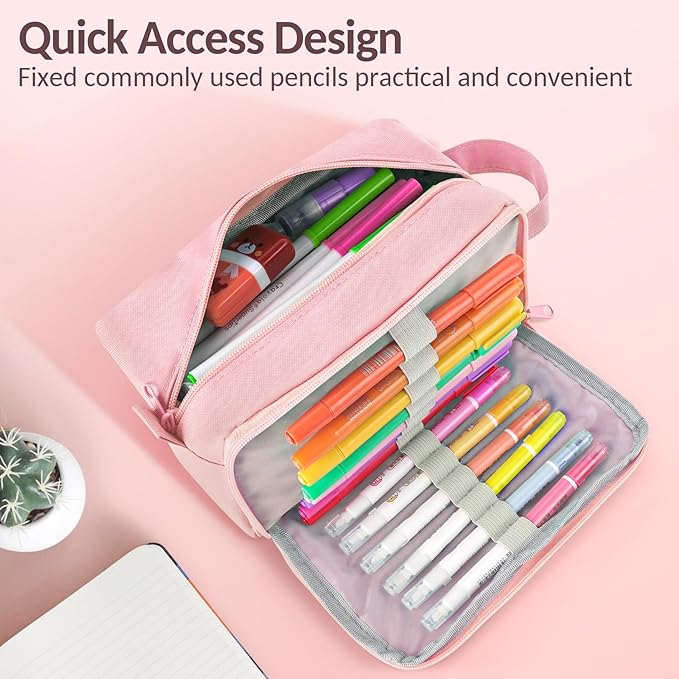 Sooez Original High Capacity Pencil Case, Big Pencil Bag Pouch Box Organizer Pen Case, Aesthetic Supply for Girls Adults, Portable Journaling Supplies with Easy Grip Handle & Loop, Pink