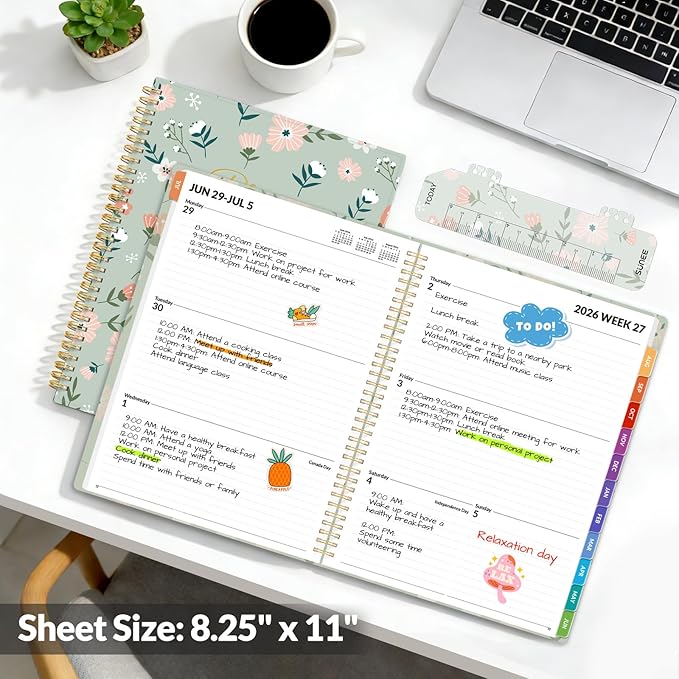SUNEE Academic Planner 2026-2027 – Weekly & Monthly Planner, July 2026 to June 2027, 8.5"x11", Thick Paper, Tabs, Pockets, Bookmark, Spiral-Bound, Student Teacher Organizer, Green Wildflowers