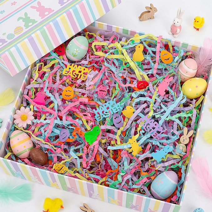 woric Easter Grass Basket Filler, 10.6oz(300g) 6 colors Crinkle Cut Paper Shred Filler with Colorful Easter Confetti for Gift Baskets Egg Hunt Gift Wrapping DIY Crafts Decoration