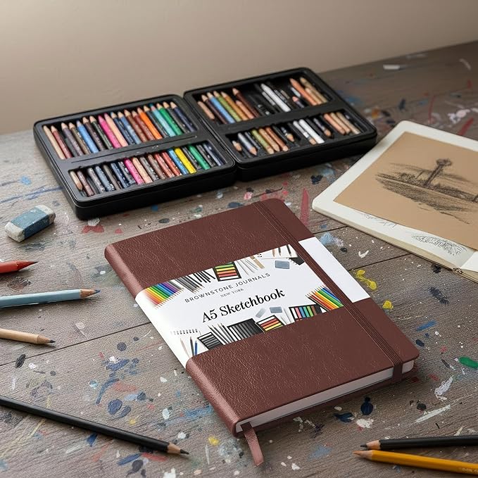 BROWNSTONE JOURNALS A5 Sketch Book Hardcover - 80 Sheets 100 GSM Paper 5"x8", Lay Flat, Vegan Leather Cover, Elastic Band, Back Pocket, Art Drawing Book (Chestnut Brown)