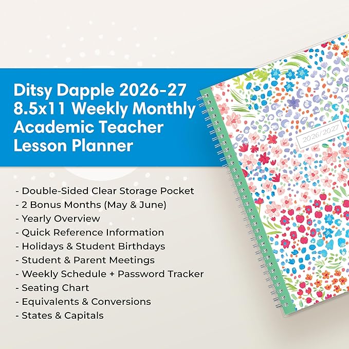 Blue Sky 2026-2027 Weekly and Monthly Academic Year Teacher Lesson Planner Calendar, July 2026 - June 2027, 8.5" x 11", Clear Pocket Cover, Wirebound, Laminated Tabs, Storage Pocket, Ditsy Dapple Light