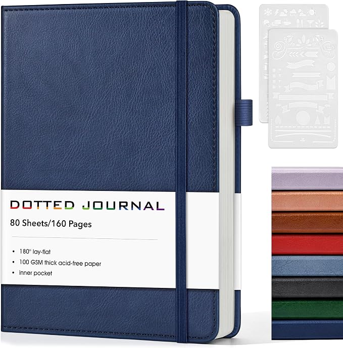 Dotted Journal Notebook, A5 Leather Hardcover, 160 Pages, 180° Lay-Flat Binding, 100 GSM Thick Paper, Dot Grid for Bullet Journaling, Planning & Daily Organization (Navy)