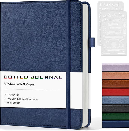 Dotted Journal Notebook, A5 Leather Hardcover, 160 Pages, 180° Lay-Flat Binding, 100 GSM Thick Paper, Dot Grid for Bullet Journaling, Planning & Daily Organization (Navy)