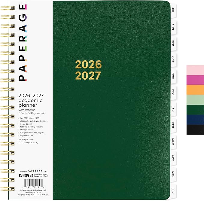 PAPERAGE Academic Planner, Weekly & Monthly Planner & Calendar, 12-Months, July 2026 - June 2027, (9.5" x 11"), School & Student Planning Agenda with Tabs, Bonus Pages & Inner Pocket, Dark Green