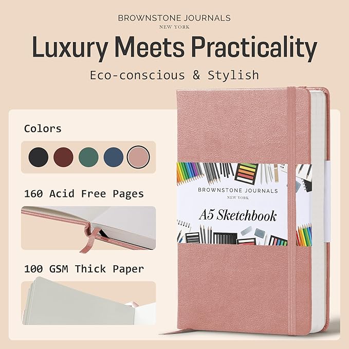 BROWNSTONE JOURNALS A5 Sketch Book Hardcover - 80 Sheets 100 GSM Paper 5"x8", Lay Flat, Vegan Leather Cover, Elastic Band, Back Pocket, Art Drawing Book (Rose Wood)
