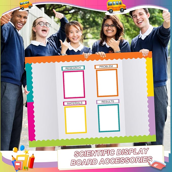Fuyoooo 90 Pcs Science Fair Board Supplies 60 Trim Scalloped Bulletin Board Borders 24 Presentation Board Subtitles 6 Science Fair Titles for Classroom Display Boards(Colorful)