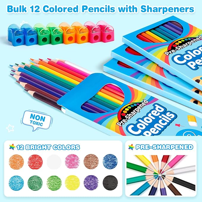 V-Opitos 168 Count Colored Pencils for Kids, 14 Pack Bulk Colored Pencils in 12 Colors with Sharpener, Pre-sharpened Coloring Pencils, Ideal School Supplies & Classroom Prizes, Kids Party Favor