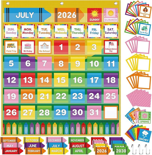 Sinload Classroom Calendar Pocket Chart Set Calendar Bulletin Board Set Seasons Festival Weather Pocket Chart for Classroom Decoration Back to School Supplies(Crayon)
