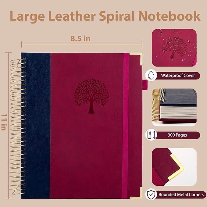 Yoment Hardcover Spiral Notebook 8.5" x 11" Leather 5 Subject Notebook College Ruled with Dividers Tabs 300 Pages Large Spiral Journal Notebooks for Work School Note-Taking Business, Burgundy