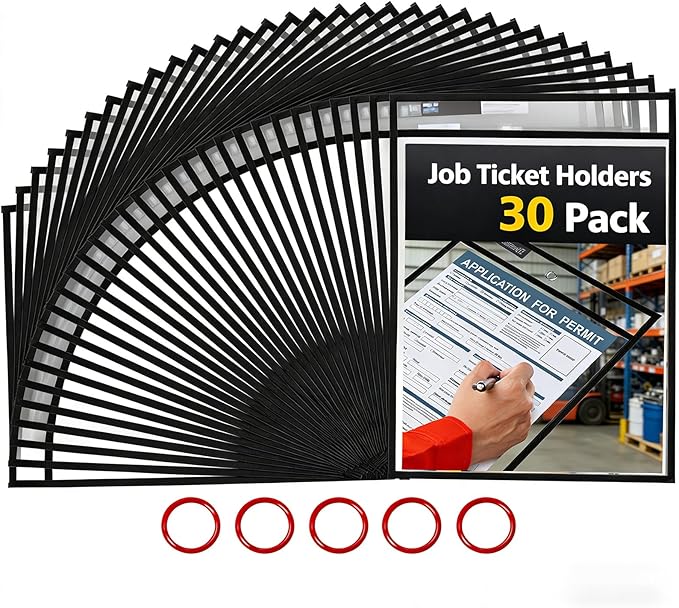 Gamenote Dry Erase Pockets 30 Pack with Rings, Oversized Reusable Plastic Sleeves Shop Job Ticket Holders Sheet Protectors Teacher Supplies Organization for Classroom Must Have, 10x14 Inches (Black)