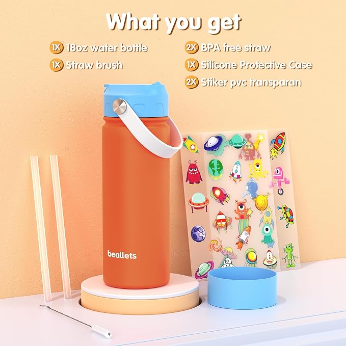 Kids Water Bottle, 18oz Toddler Insulated Bottles with Stickers, 18/8 Stainless Steel Leak-Proof Kids Straw Cup for School, Gifts for Boy(BlueOrange)