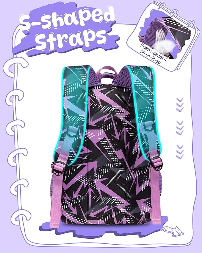 BLUEFAIRY Kids School Backpack for Boys Girls Ages 6-8 8-10 10-12 Elementary Middle School Book Bags with Laptop Compartment Mochilas Escolares para Niños Niñas de 8 10 12 Años (Purple, Geometric)