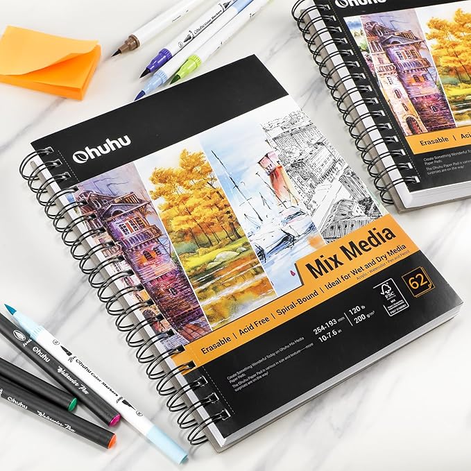 Ohuhu Mix Media Pad, 7" x 10" Mixed Media Art Sketchbook, 120 lb/200 GSM Heavyweight Papers, 62 Sheets/124 Pages, Spiral Bound Mixed Media Paper Pad for Acrylic, Painting Christmas Gift