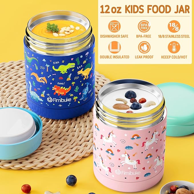 Fimibuke Kids Bento Snack Lunch Box with 4 Compartment, Insulated Lunch Bag, Stainless Steel Vacuum Thermo Food Jar, Ice Pack, Utensils Set, Birthday Gifts for Age 3-12 Back to School Toddler Girl Boy