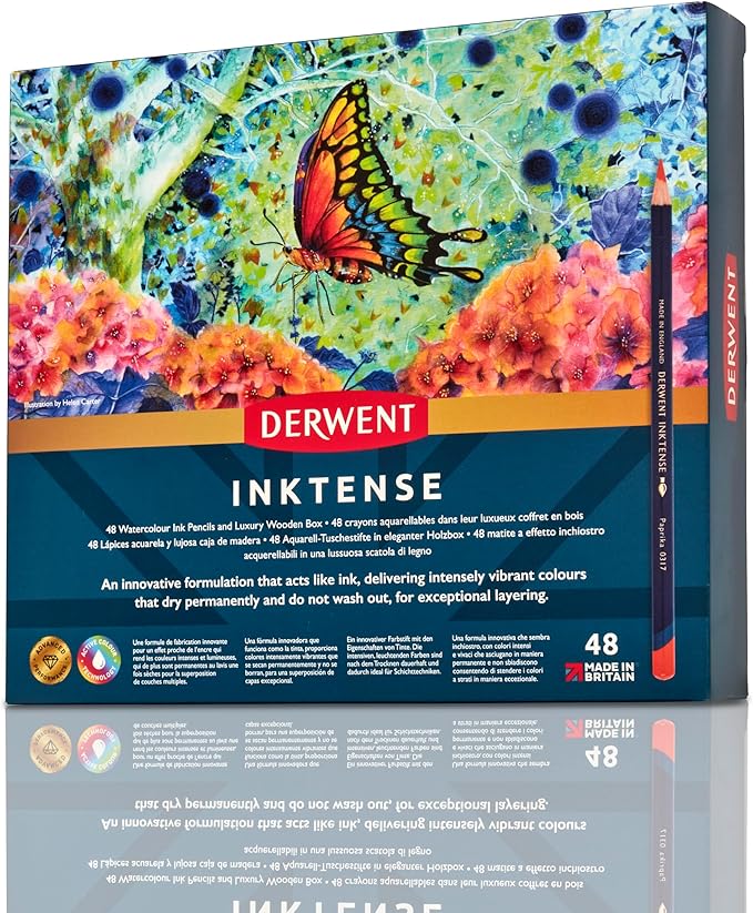 Derwent Inktense Pencils 48 Wooden Box, Set of 48, Premium 4mm Round Core, Firm, Watersoluble, Ideal for Watercolor, Drawing, Coloring and Painting on Paper and Fabric, Professional Quality (2300151)