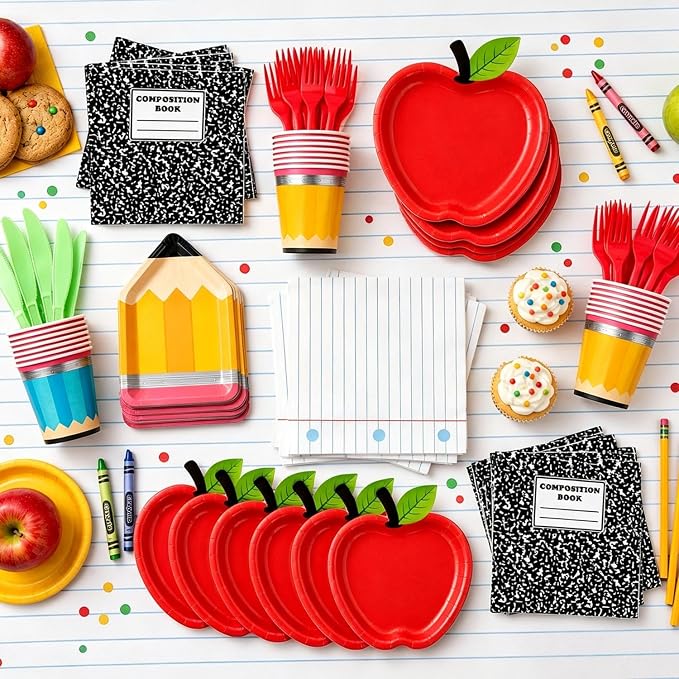 QIYANPAX 122Pcs Back to School Decorations Includes Apple Plates, Pencil Plates, Napkins, Forks, Cups, Banner and Tablecloth for First Day of School Decorations, Serves 24