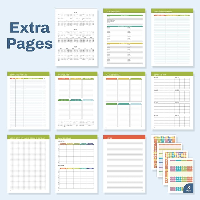 SUNEE Deluxe Teacher Planner 2026-2027, Lesson Planner Book with 7 Periods Jul 2026 - Jun 2027, 8.5" x 11" Daily Weekly and Monthly Organizers with Colorful Tabs, Planning Stickers,120gms Paper, Blue