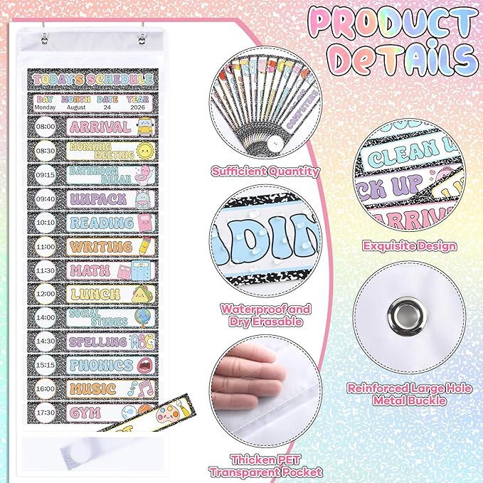 Daily Schedule Chart Composition Notebook Classroom Decor 15+1 Pockets Visual Scheduling Chart with 30 Reusable Cards 3 Erasable Pens and 2 Hangers for Teacher School Office Home Preschool Activity