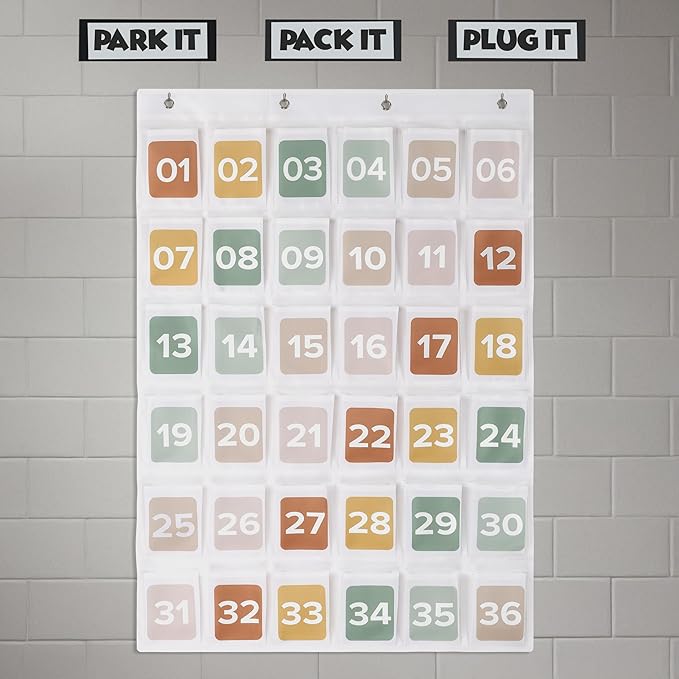Premium Cell Phone Holder for Classroom - Durable Pocket Chart with 36 Numbered Slots & Hooks - The Perfect Hanging Chart for Phones, Calculators and Headphones Fits Nicely with Any School Decor