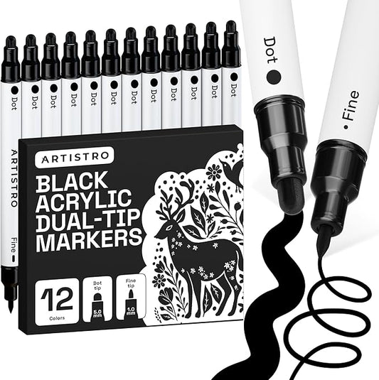 ARTISTRO 12 Black Precision Dual-Tip Acrylic Paint Markers – Paint Pens Set with Dot & Fine Tips for Fabric, Rock, Glass, Wood, Coloring Books – Classroom & Art Supplies Gift Teacher Appreciation Gift