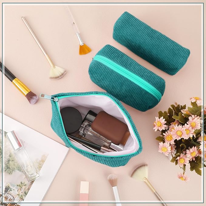 Huhumy 3 Pcs Makeup Bag Set for Women Corduroy Cosmetic Pouch Aesthetic Smile Travel Toiletry Bag Cute Purse Pouch Pencil Case Makeup Brushes Storage Organizer with Zipper(Dark Green,Solid Style)