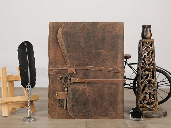 Leather Journal with Deckle Edge Paper 8x6 inch and Vintage Key | Handmade Writing Notebook Diary | Bound Daily Notepad for Men & Women Medium, Sketch/Writing pad for Artists
