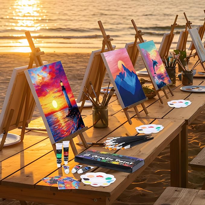 Cholemy 36 Pcs Paint and Sip Kit for Adults 8''x10'' Pre Drawn Canvas for Painting DIY Afro Acrylic Painting Kit Wood Easel Brushes Date Night Bulk for Father's Day Party Gifts(Sunset Style)