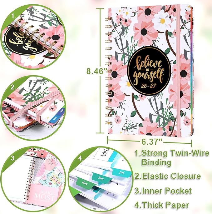 2026-2027 Planner - Weekly & Monthly Planner 2026-2027 with Tabs, 6.4" x 8.5", Jul 2026 - Jun 2027, Hardcover, Strong Binding, Thick Paper, Back Pocket, Elastic Closure, Inspirational Quotes