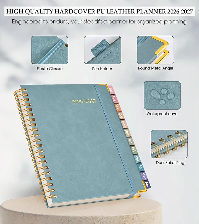 Academic Planner 2026-2027, Hardcover Leather Weekly and Monthly Calendar Planner from July 2026 - June 2027, A4 8.5" x 11" Daily Agenda with Tabs, College School Organizer for Student Teacher, Dusty Blue