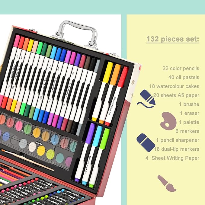 Darnassus 132-Piece Art Set, Deluxe Professional Color Set, Creating Gift Box, Art Set Crafts Drawing Painting Christmas Kit for Kids and Adult, Girls Boys