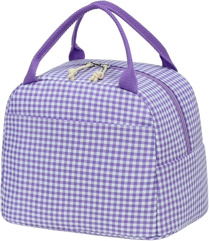 CAMTOP Lunch Box Kids Insulated Lunch Bag Large Reusable Leakproof Cooler Lunch Bags for Boys Girls School Travel Picnic (Purple and White Checkered)