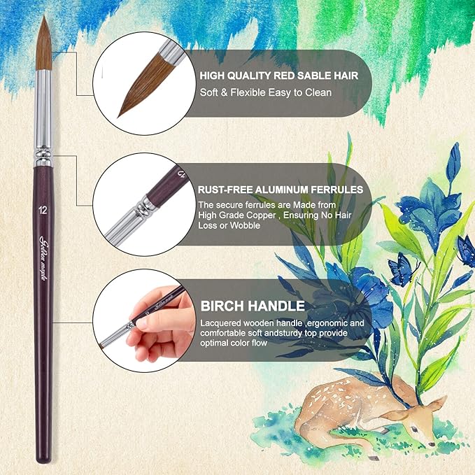 Golden Maple Artist Paint Brushes - Superior Sable Watercolour Brushes Round Point Tip Paint Brush Set for Watercolor Acrylic Painting Supplies
