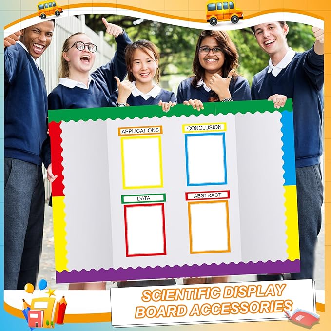 Fuyoooo 90 Pcs Science Fair Board Supplies 60 Trim Scalloped Bulletin Board Borders 24 Presentation Board Subtitles 6 Science Fair Titles for Classroom Display Boards (Rainbow)