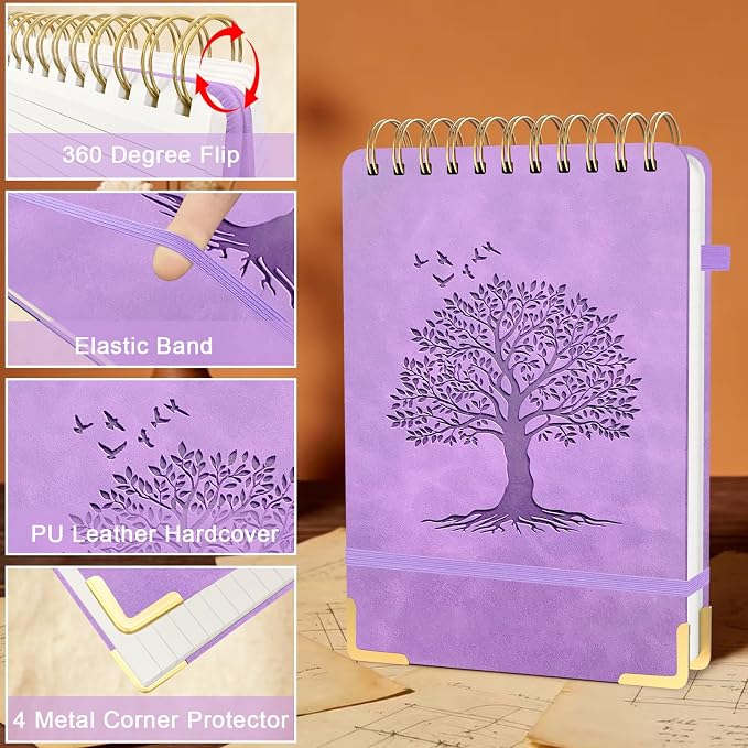 Mousbull A5 Top Spiral Notebook, Tree Pattern Large Leather Hardcover Left Handed Journal, 240 Pages 100 Gsm Lined Paper Top Bound Steno Pads for Work, School, Travel Writing - Purple, 5.9" x 8.5"