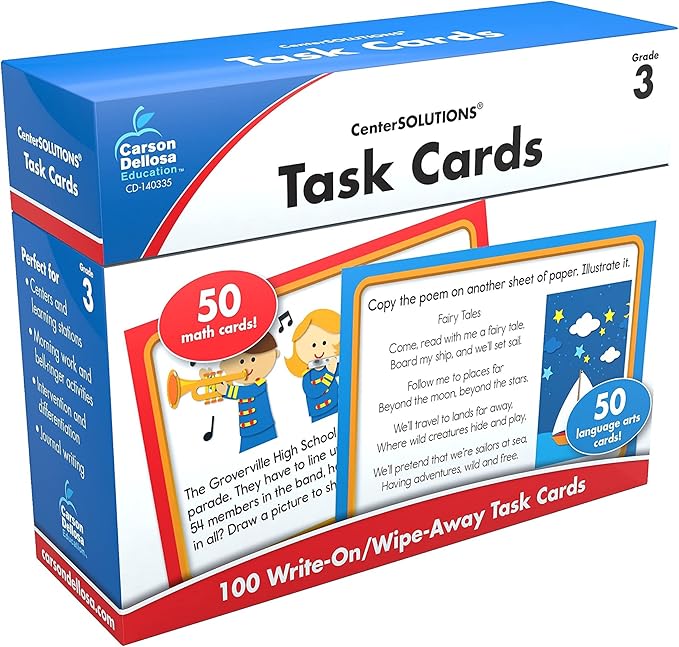 Carson Dellosa 3rd Grade Task Flash Cards, Dry Erase Mathematics and ELA Common Core Activity Flashcards, Language Arts and Math Manipulatives for Kids Ages 8-9